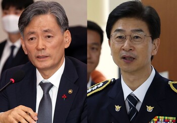 ▲12・3非常戒厳令事態をめぐる内乱罪で告発された趙志浩（チョ・ジホ）警察庁長とソウル警察庁トップの金峰埴（キム・ボンシク）同庁長／NEWSIS