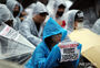 雨天の街頭で集会を開く不動産詐欺の被害者ら